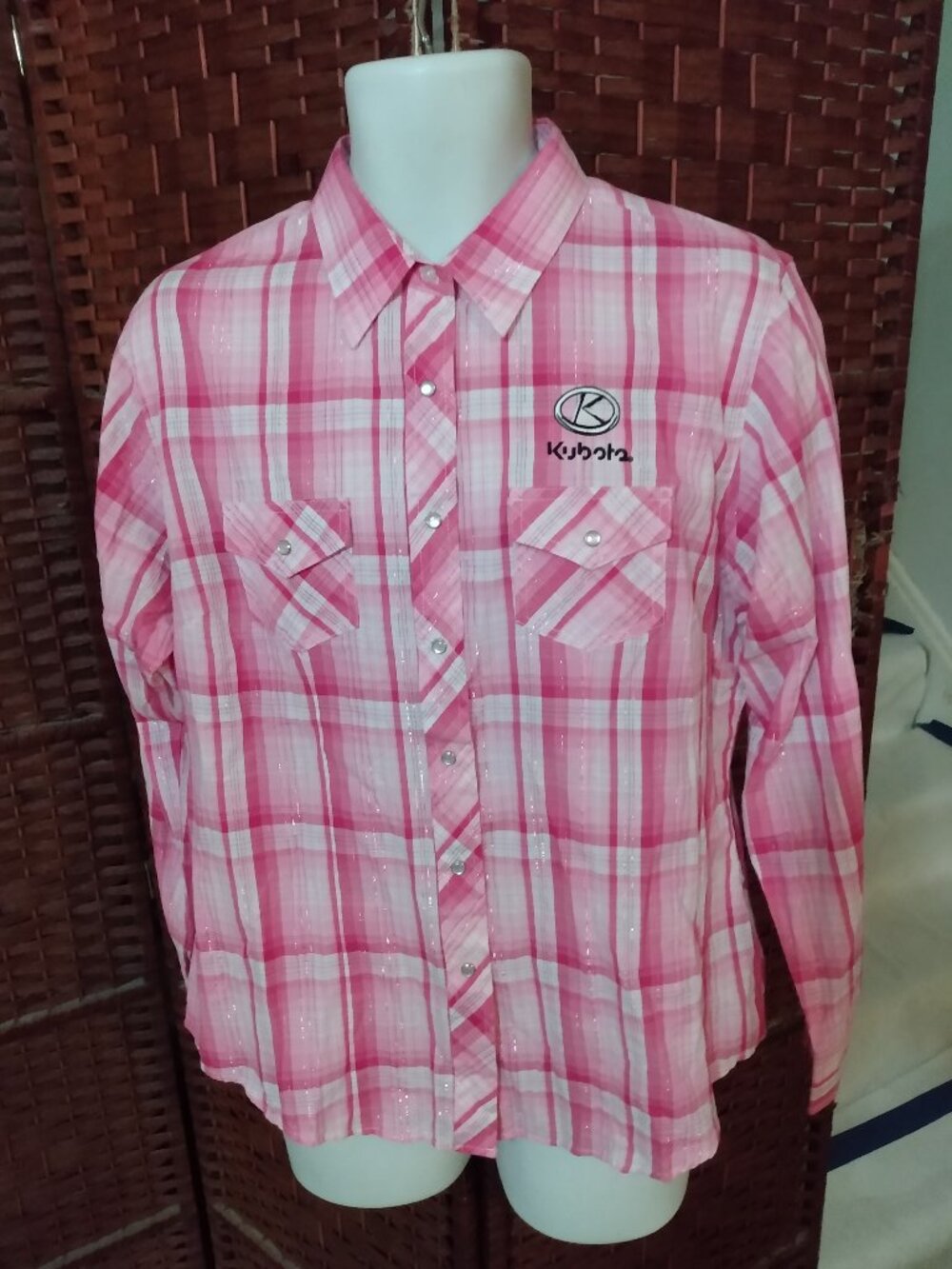 Women's Western Shirt Kubota Tractors Pink Plaid XL Pearl Snaps jerseysandmoreg